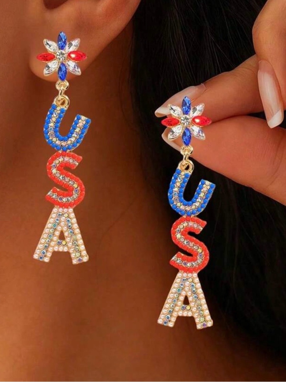 Patriotic Red, Blue & Gold USA Drop Earrings